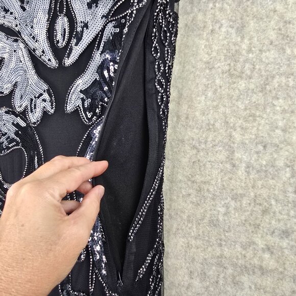 Sequined Fringe Black Sleeveless Cocktail Dress Elegant Art Deco Style Polyester - Picture 4 of 8